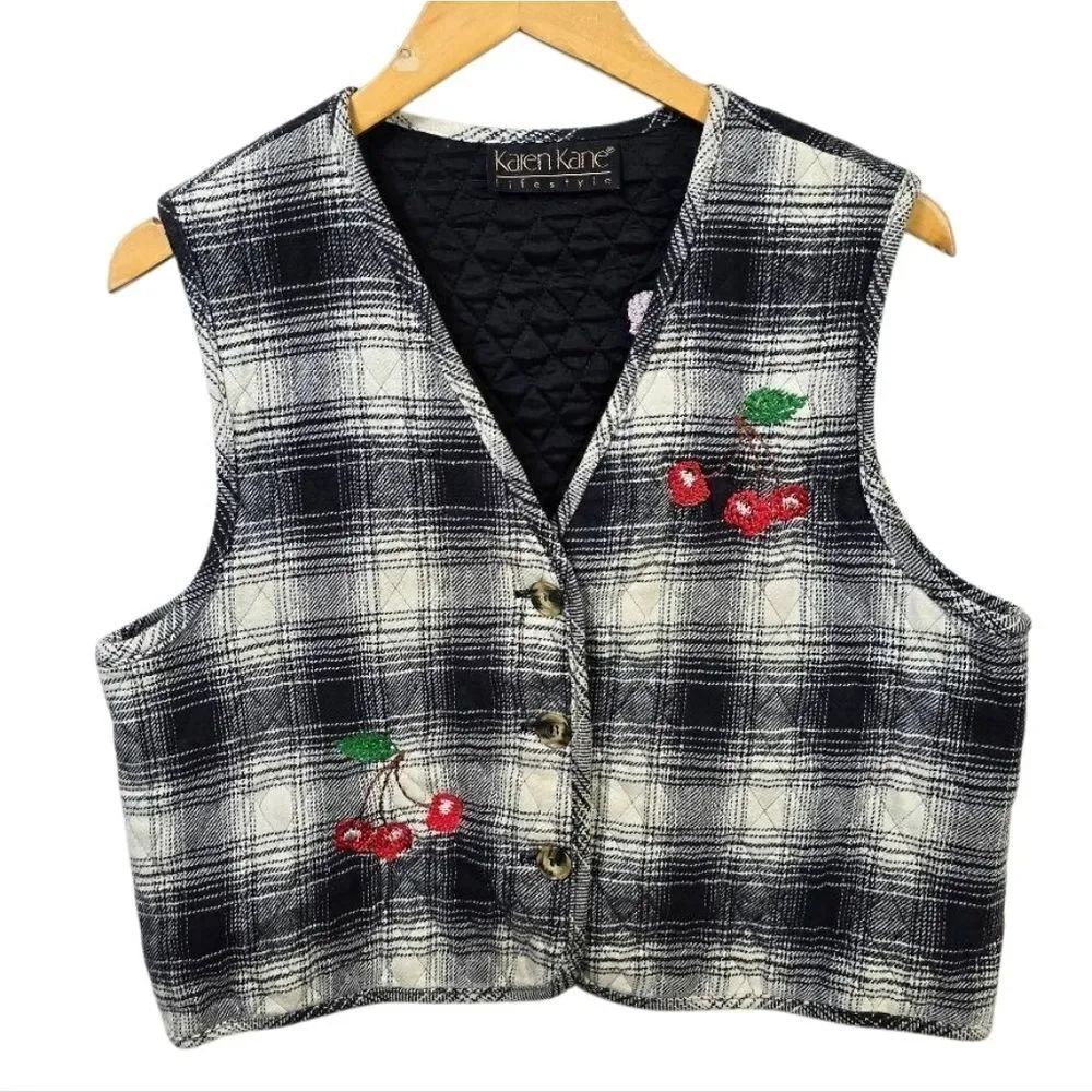 Karen Kane Vintage Black and White Plaid Cherry Vest